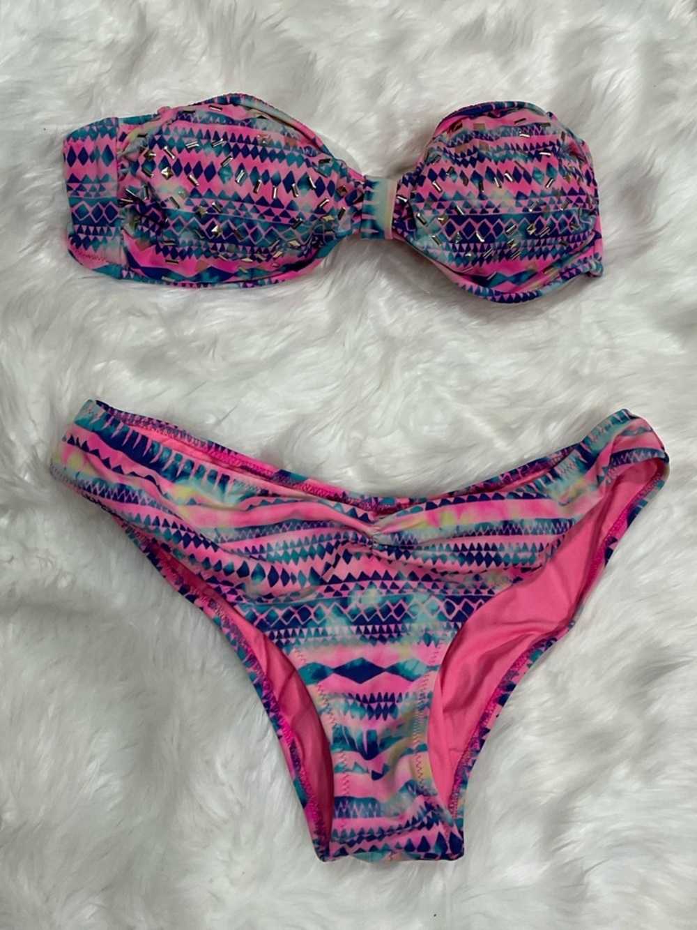 Vintage PINK Colorful Pink & Blue Patterned Bikini Set